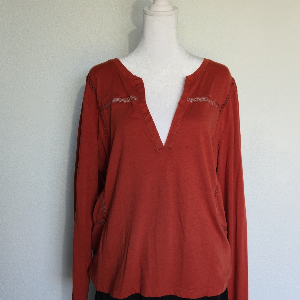 Eddie Bauer Women's Burnt V Neck with Peek A Boo Mesh Orange Long Sleeve Top